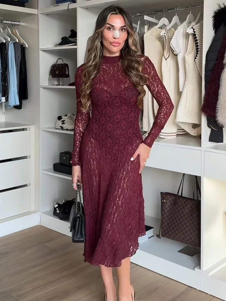 TRAF Eleagnt Womens Solid Lace Midi Dress Ultra Thin Asymmetric Long Sleeve Party Sexy Hollow Beach 250409