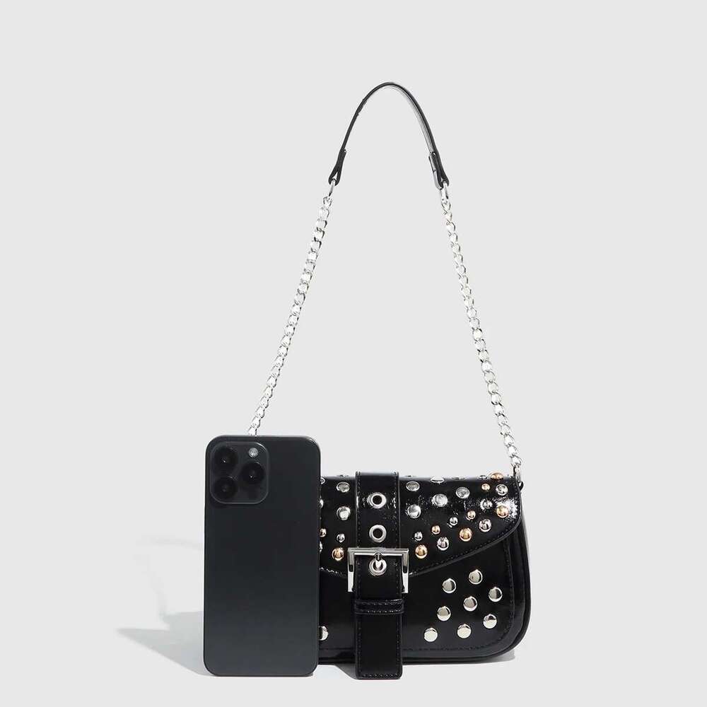 2025 Fashion Rivet Punk Style Chain Square Bag,Tortoiseshell Hundred Saddle Bag,Pu Small Fragrance Shoulder Bag