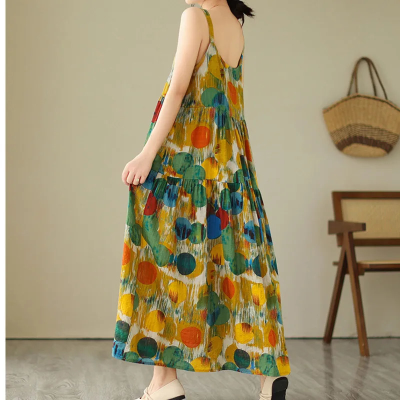 Wxw6508 summer sleeveless spaghetti strap dress for women thin and sexy retro dot print beach backless cotton linen Aline 250409