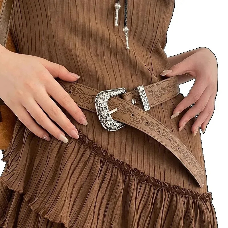 Y2K Pattern Print Belt Western PU Leather for Women er Metal Buckle Pin Waist Belt Girls Hip Hop Fashion Waistband 250409