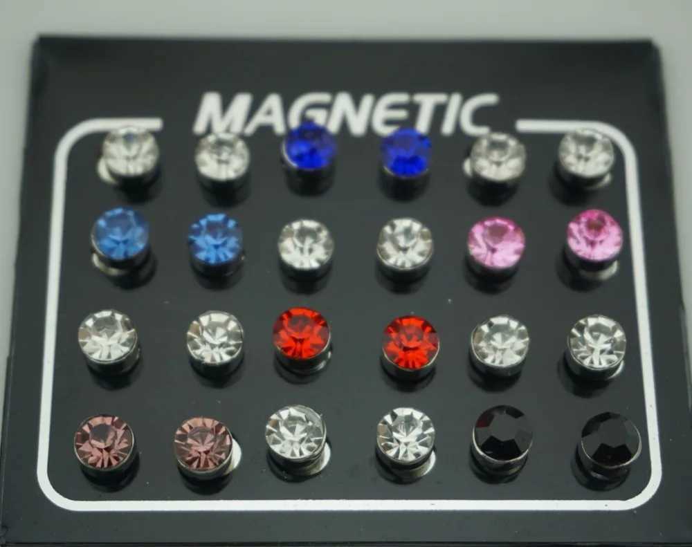 12 Pair(24pcs)/lot 3/4/5/6/7mm Round Crystal Rhinestone Magnet Stud Earring Puck Womens Mens Magnetic Fake Ear Plug Jewelry Z250408