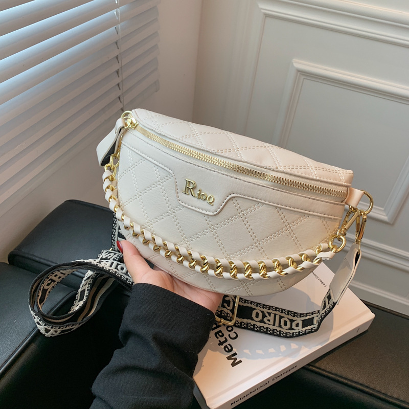 Free Shipping Black & Off-White Quilted Letter Logo Chest Bag Gold Chain Decor Fashion Waist Bag Printed Wide Strap Daily Multi-Use French Style Bag