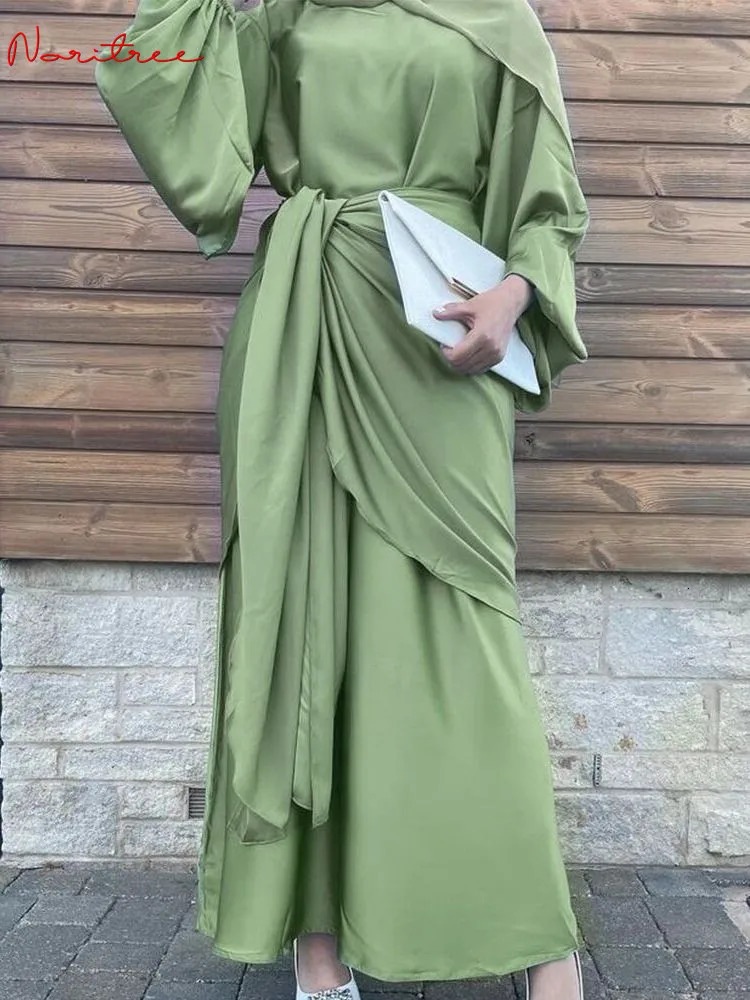 Silk twopiece Ramadan Eid Djellaba set Glossy Islamic Muslim dress Abaya robe Dubai womens clothing WY1294f 250409