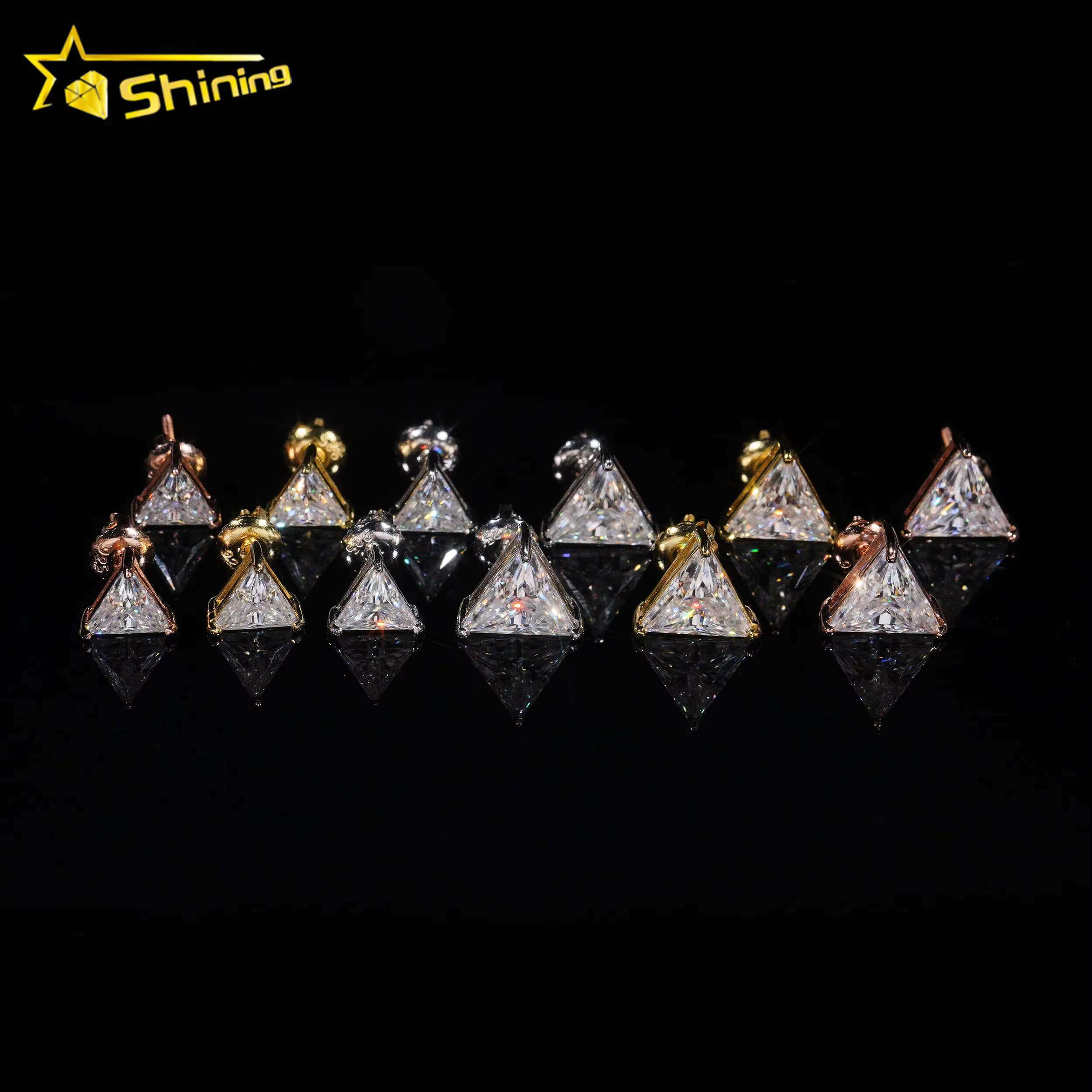 Trendy Fine Jewelry Ear Studs S925 Silver Gold Plated Triangle Moissanite Diamond Earrings for Men Women