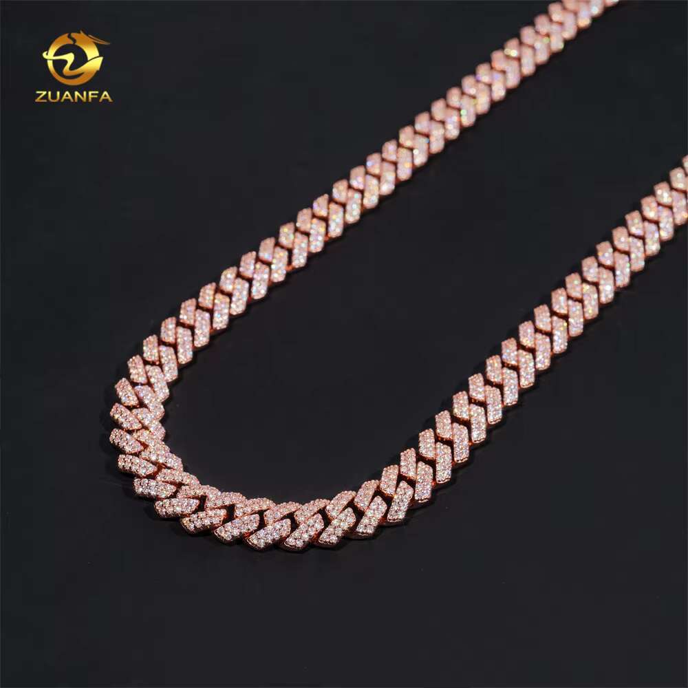 Cheap Price 2rows 10mm Cuban Chain Rose Gold Plated GRA Moissanite 925 Sterling Silver Necklace Cuban Link Chain Fine Jewelry