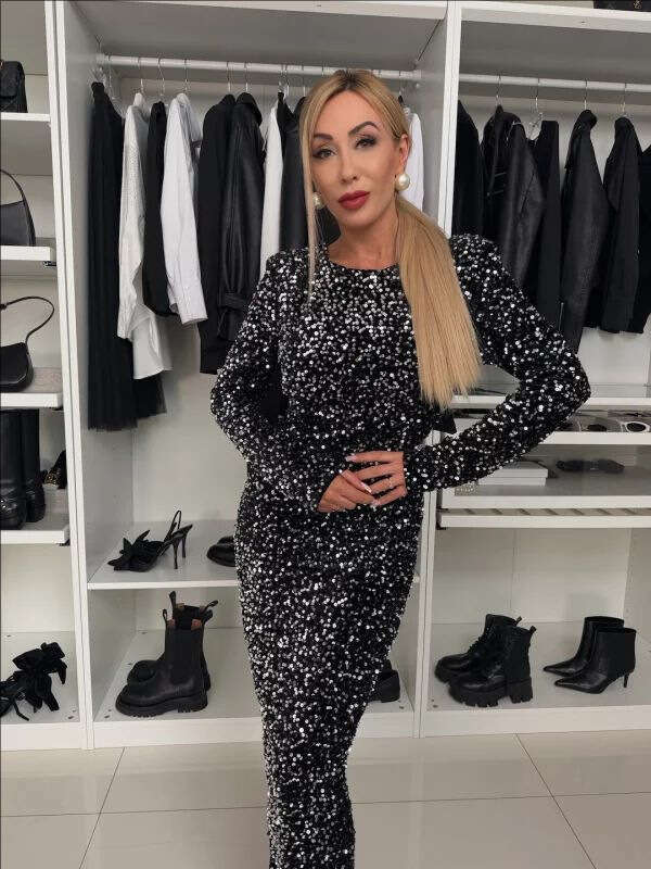 New Women's Clothing Round Neck Sleeve Solid Color Sequin Mid-Waist Elegant Long European and American Style Dress