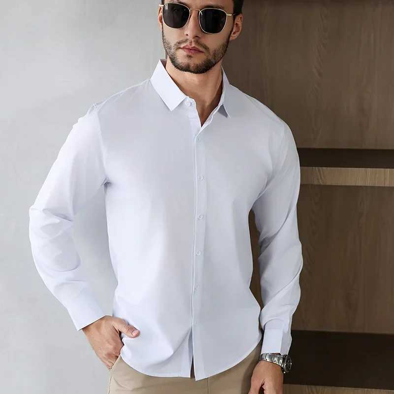 New Mens Business Casual Long Sleeve Solid Color Shirt Wrinkle Resistant Comfortable All Season Versatile Top W250627