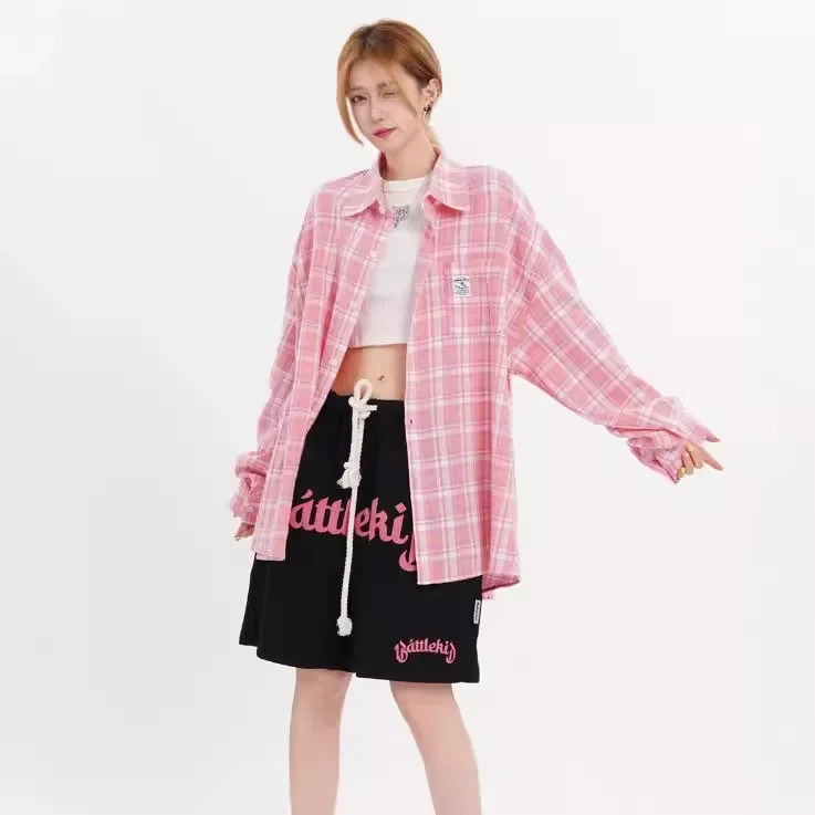 Retro pink plain weave shirt jacket loose fitting long sleeved n sensual fashion womens cotton 250409