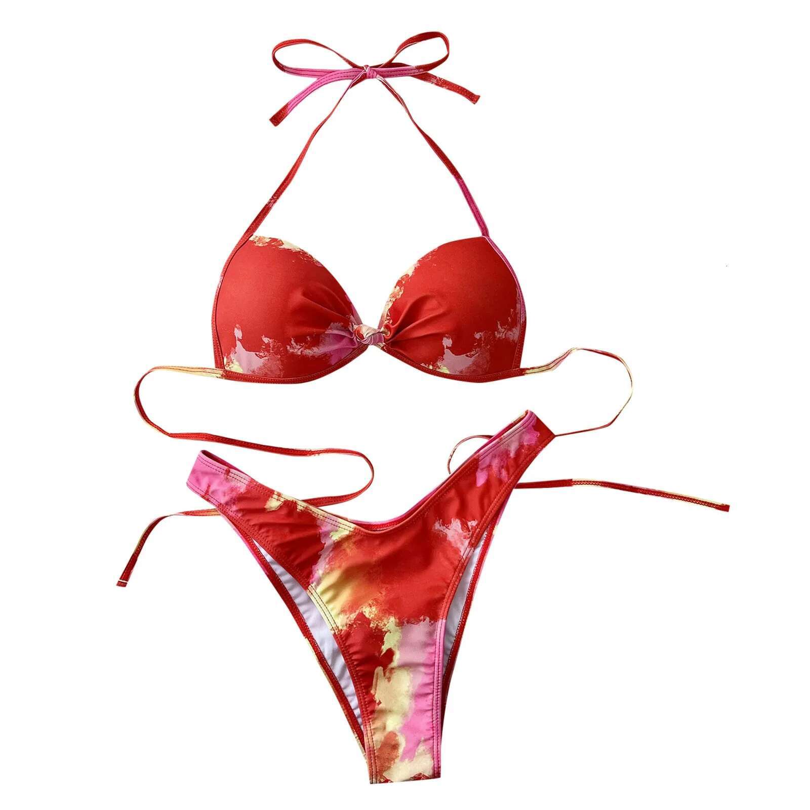 Dongdumaoyi Tie Dye Halter Bikini Women Swimwear Female Swimsuit Two Pieces Set Bra Cup High Leg Cut Bather Bathing Suit Swim Wear
