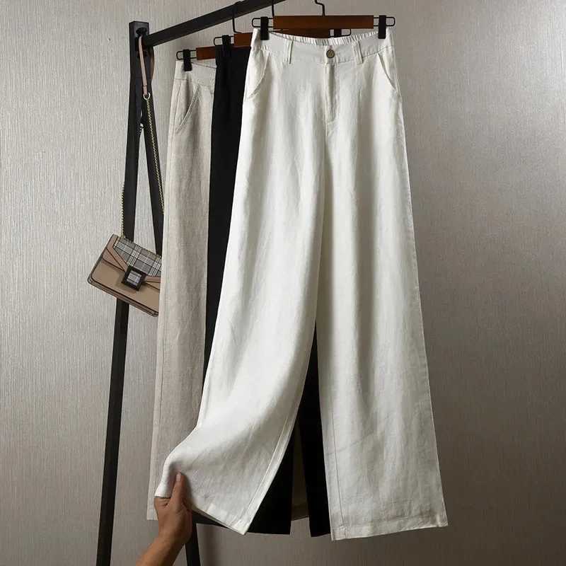 Womens cotton linen straight pants elastic high waist wide leg pants Fe spring summer solid color loose linen pantsXJ250403