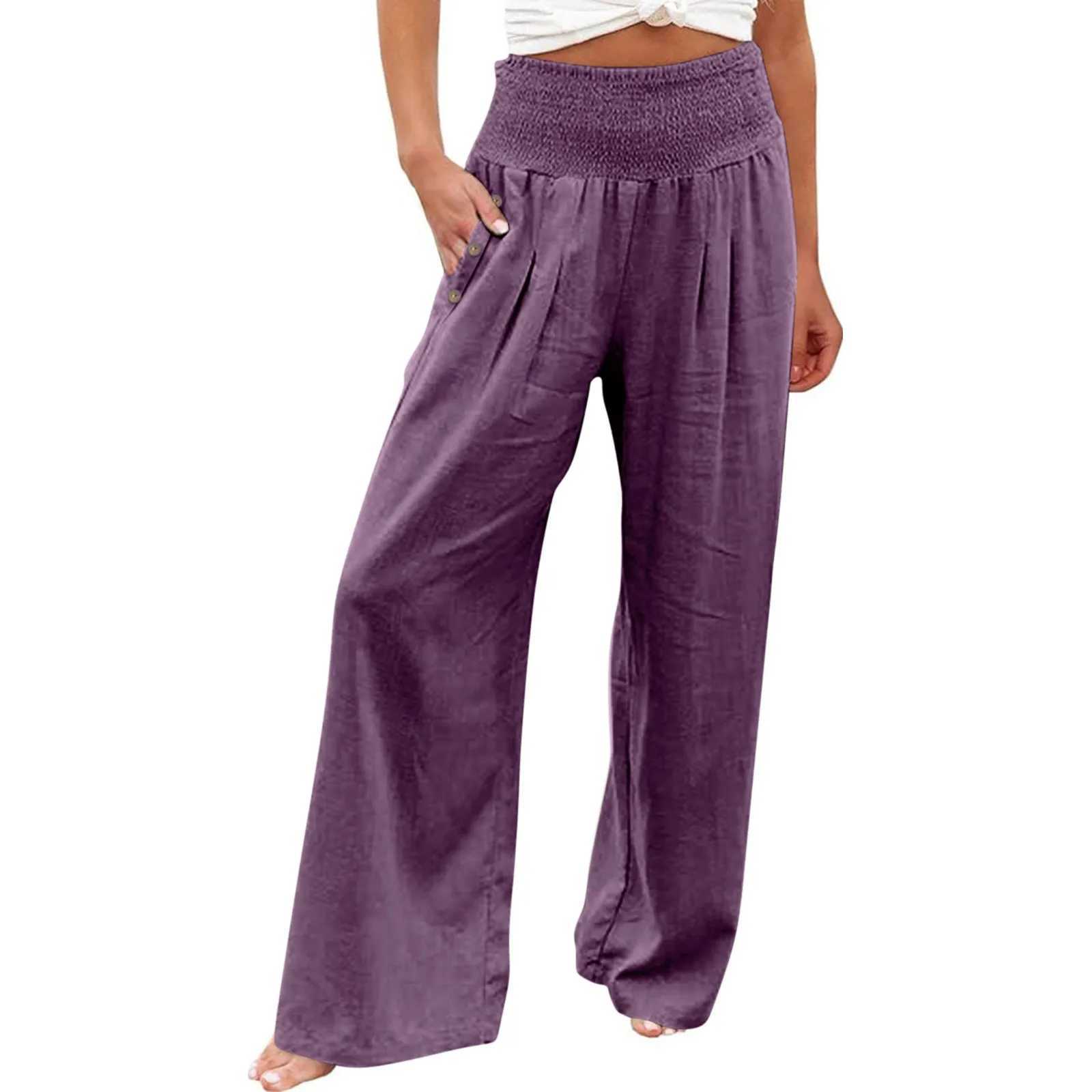 Summer cotton linen wide leg pants for women loose Palazzo pants with pockets elastic waist buttons womens casual pantsXJ250403