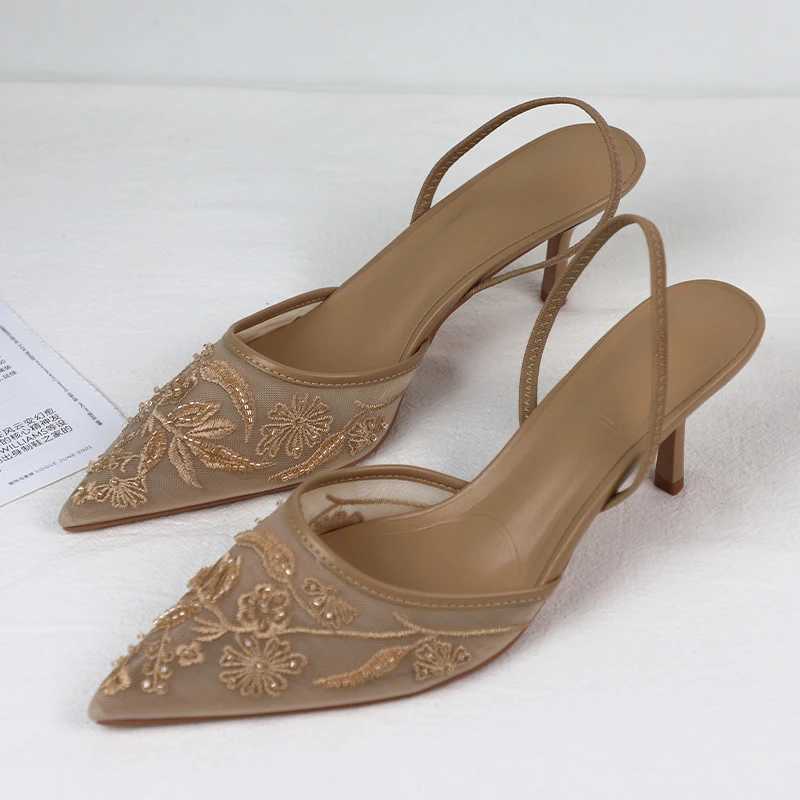 New Arrival high-heeled womens sandals with mesh embroidery elegant Pointed womens suspender evening dress party wedding dress T250409