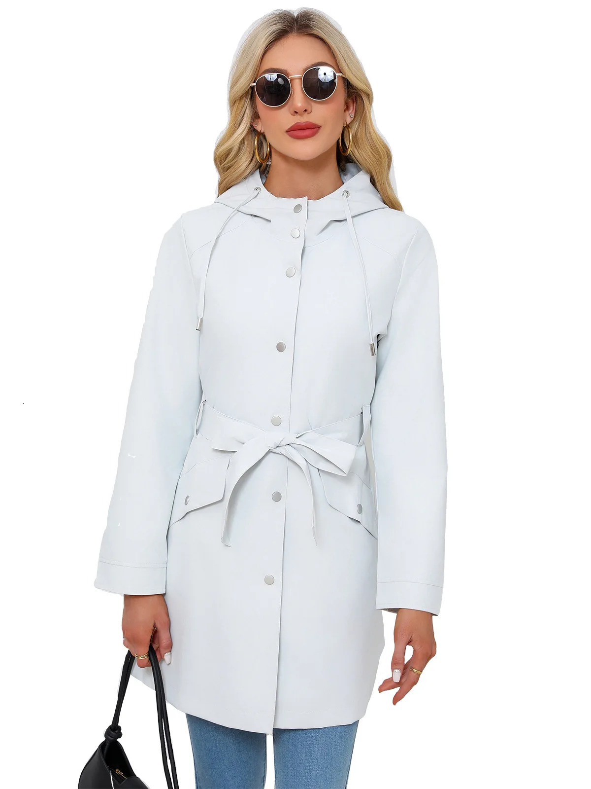 Spring and autumn hooded waterproof jacket with thin waistband casual loose trench coat womens windproof 250409