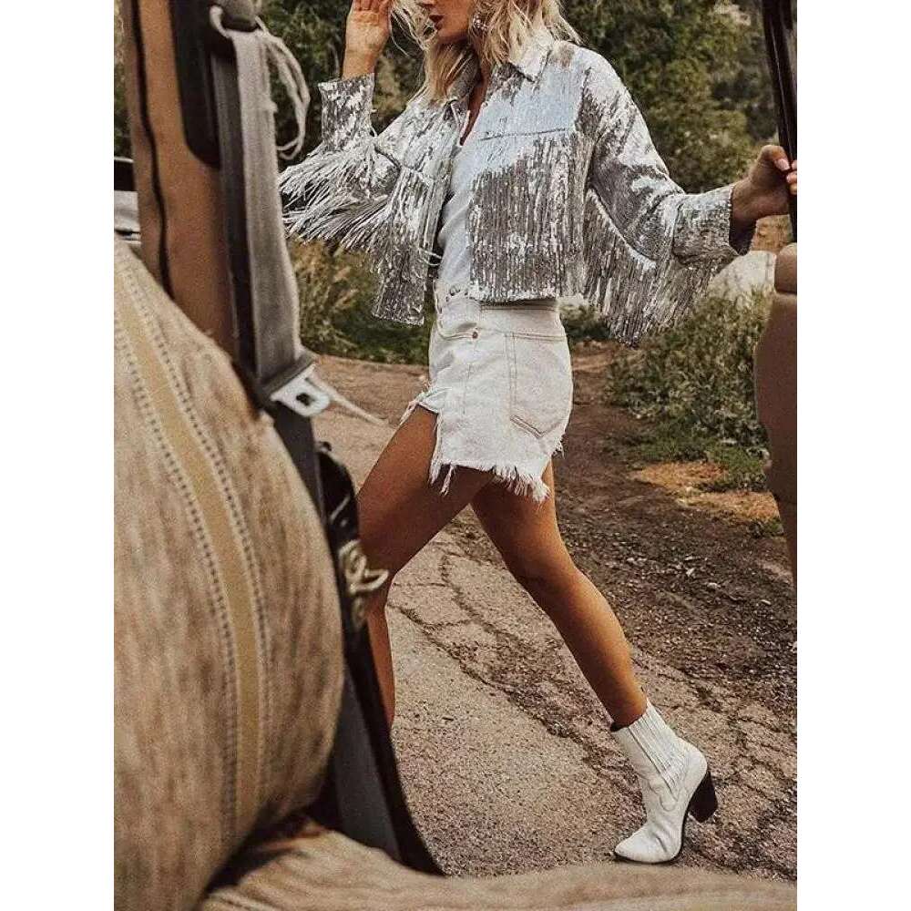 Tassel Sequin Jacket Zipper 2023 Autumn Winter Streewear Rock Bf Retro Long-Sleeved Sier Reflective Coat Women Outwear Tops