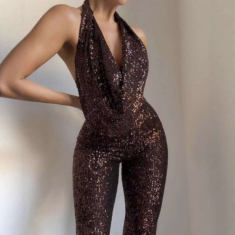 Style New Hot-Selling Halter Neck Elegant Slim Sexy Party Sequin Long jumpsuit plus size clubwear jumpsuits rompers