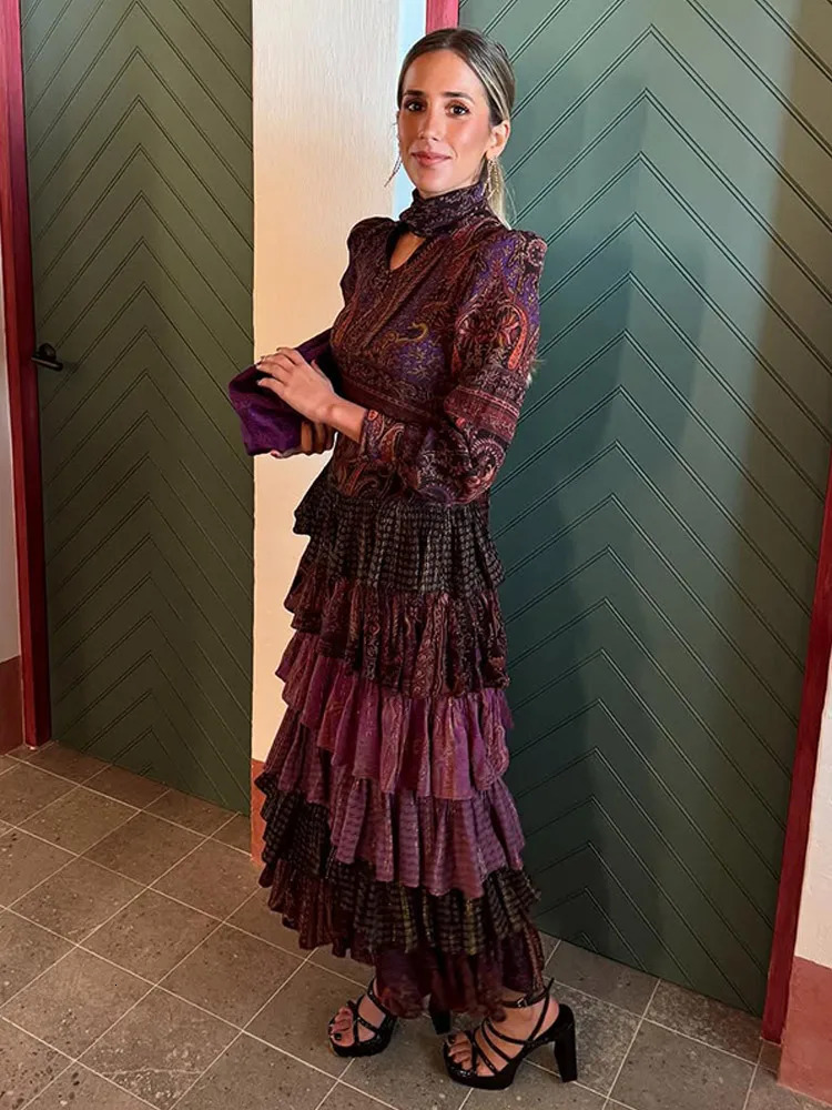Color printed laminated pleated hem long skirt fashionable lantern sleeve Uneck dress womens vacation street vest 250409