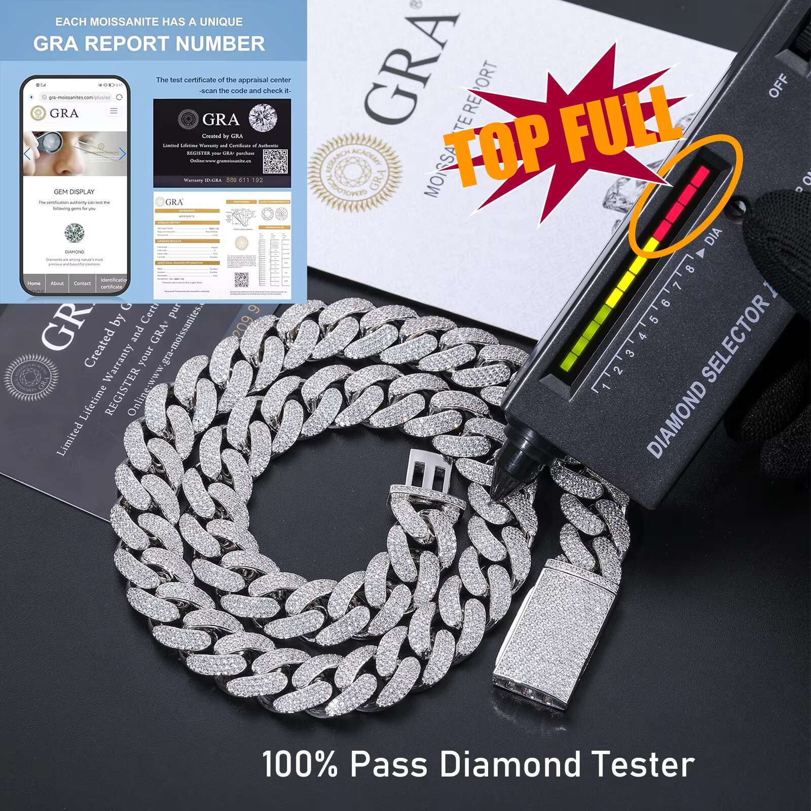 Mens Hip Hop Jewelry Mossanite Necklace 6-20mm 925 Sterling Silver Micro Paved VVS Moissanite Iced Out Miami Cuban Link Chain