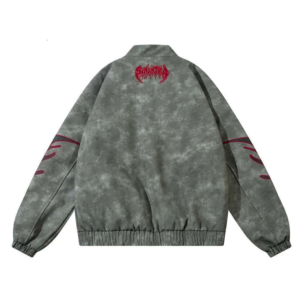 Flame Letter Leather Jacket Mens High Street Autumn Winter Loose Stand Collar Long Sleeve Zipper Fly Outerwear Men