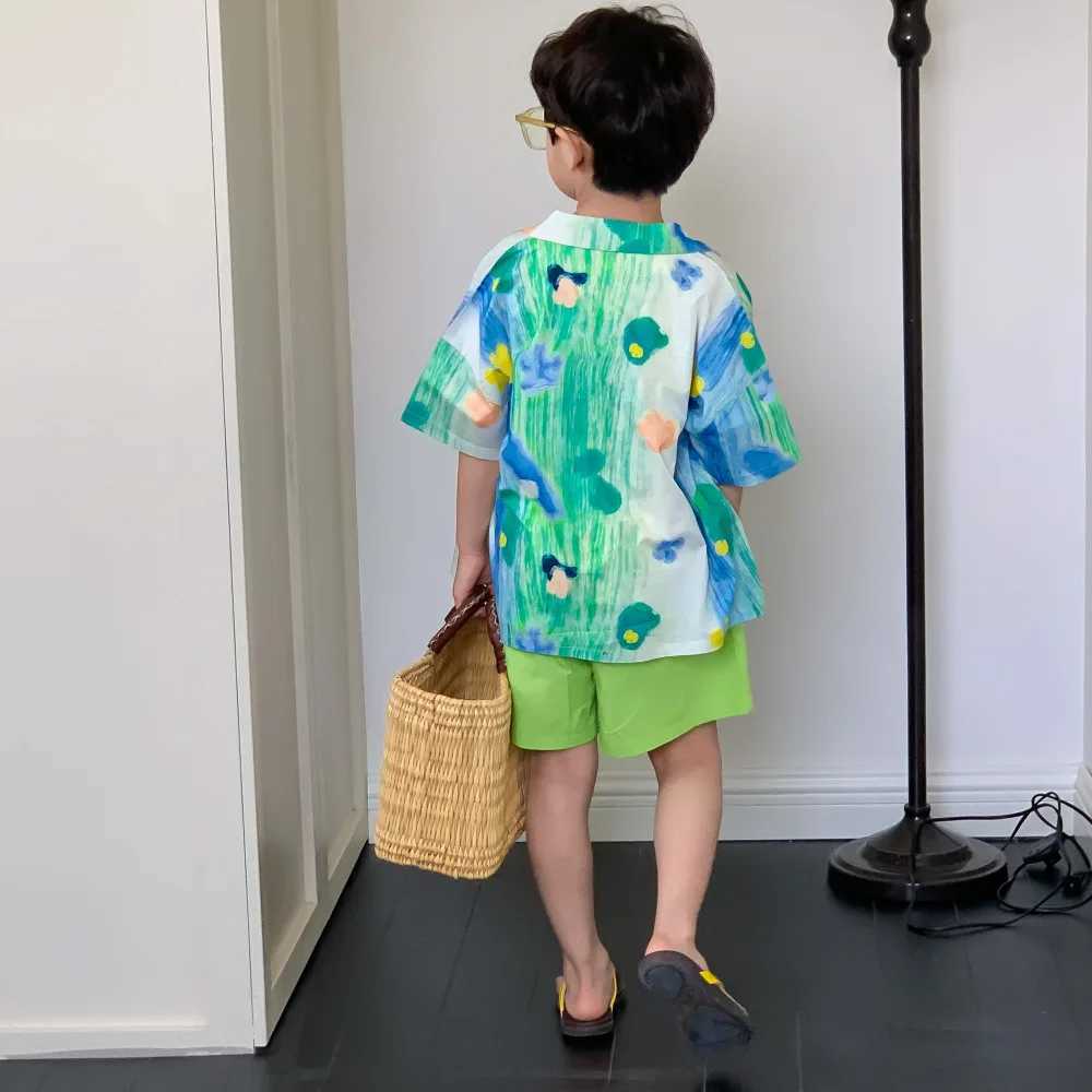 Brother T-shirt sisters dress Summer 2023 Boys and girls Korean ink painting pause clothing Family matching clothing sisters appearance S2548
