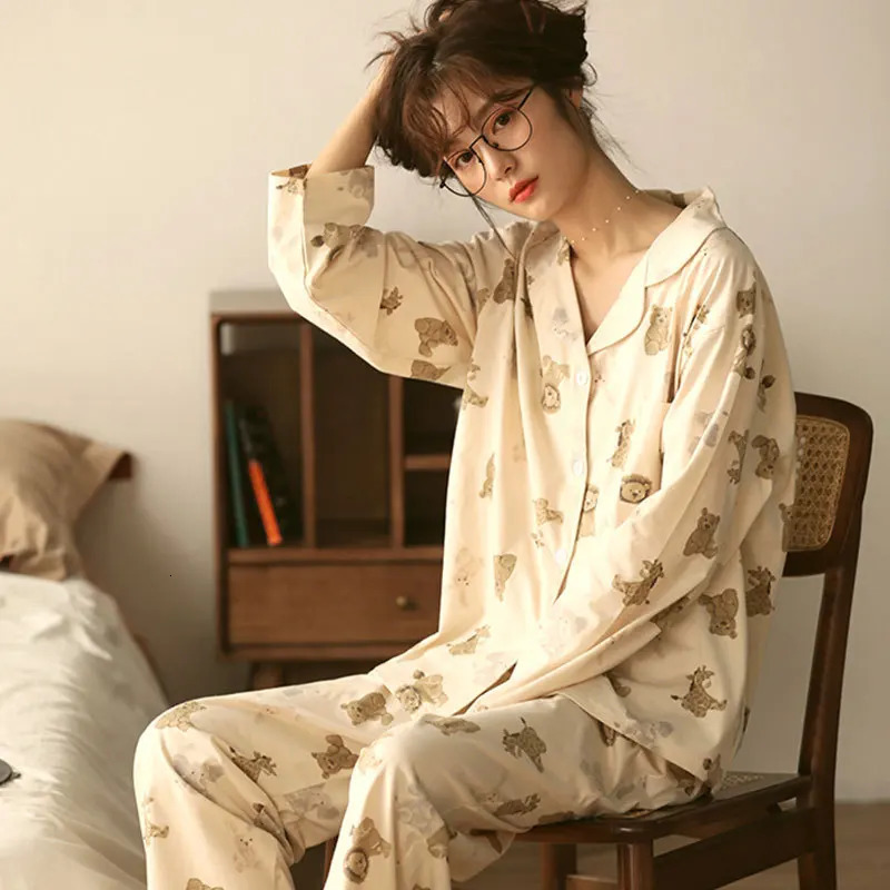 Large cartoon bear pajamas for women heartshaped sweet long sleeved pants student lounge set lapel 250409