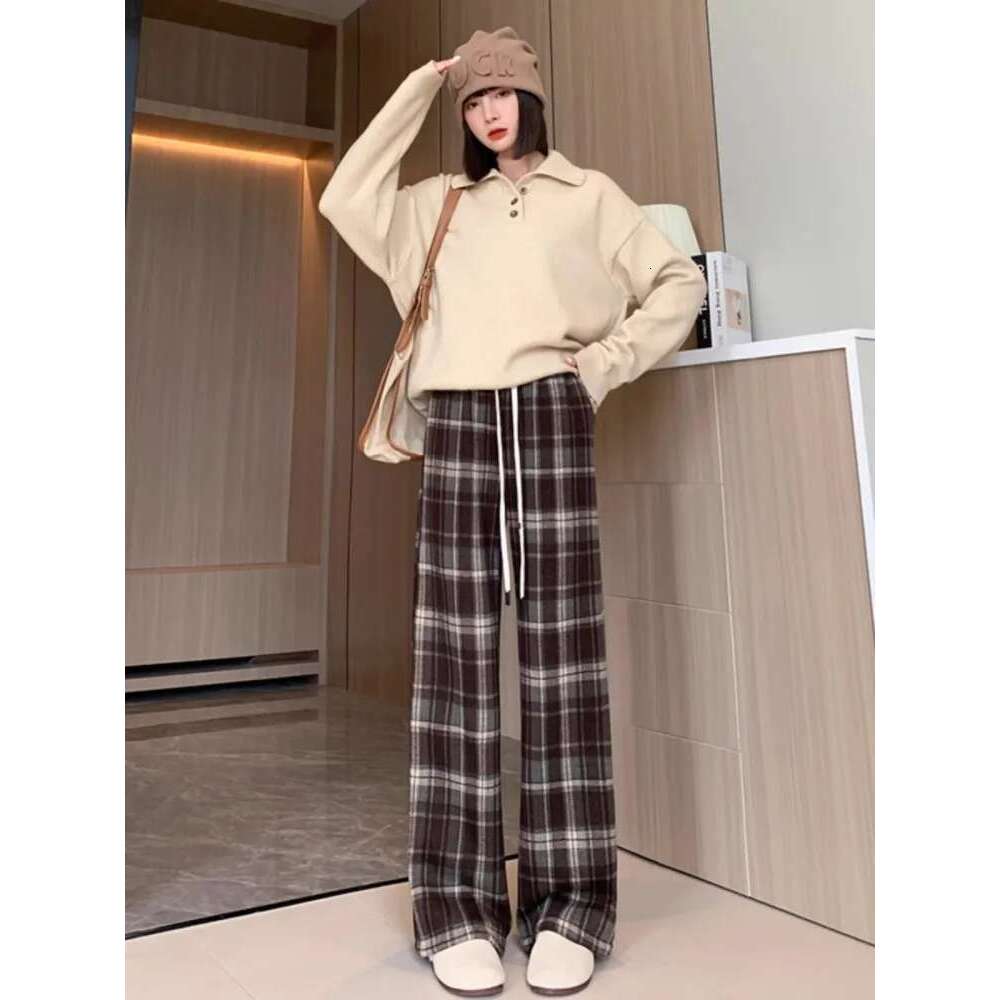 Fluffy Plaid Wide For Women, Autumn And Winter Retro High Waisted Lazy Casual Slim Straight Leg Pants