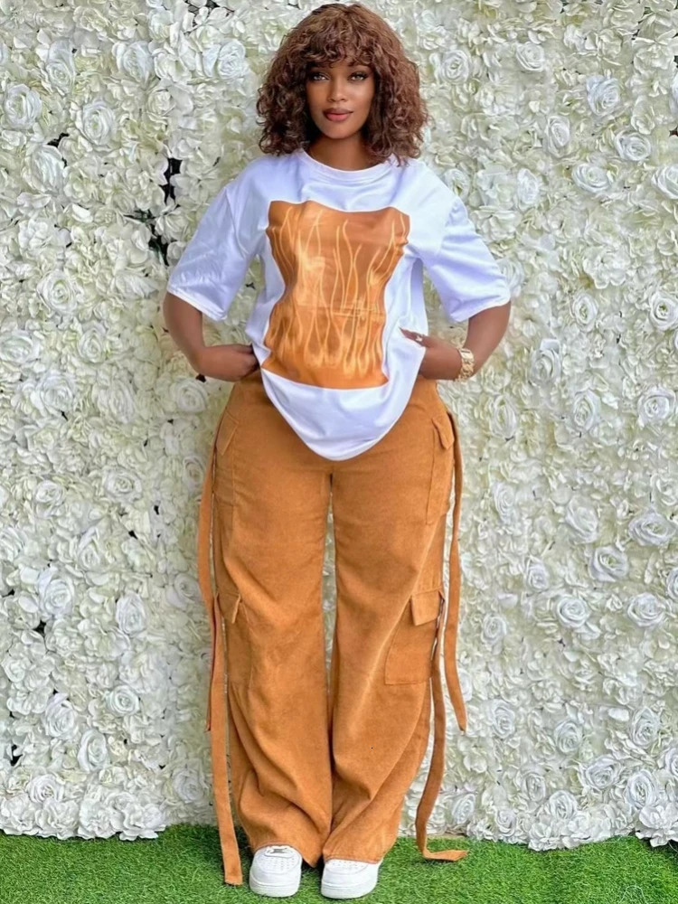 2piece womens large stone wood African summer clothing spring fashion short sleeved top and pants party set matching 250409