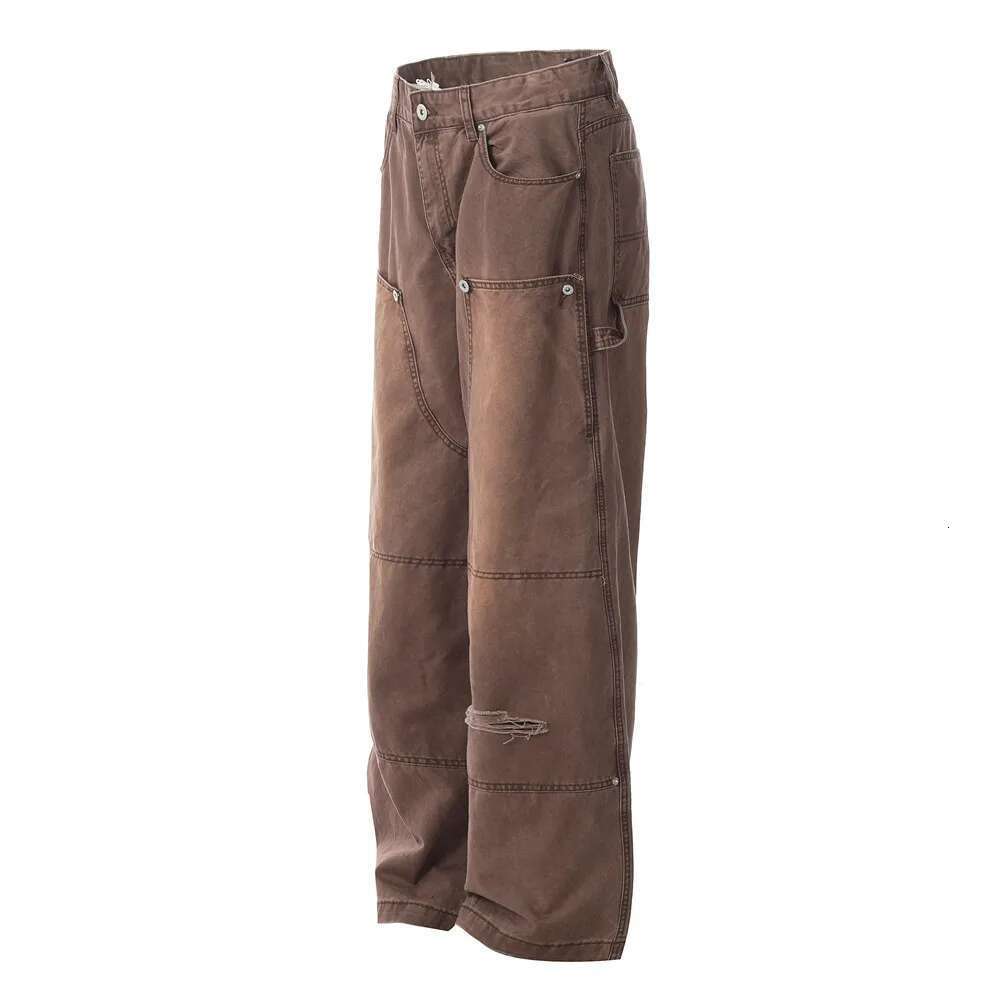 Removable Double Knee Denim Carpenter Pant Mens Retro High Street Straight Wide Leg Washed Distressed Jeans Men
