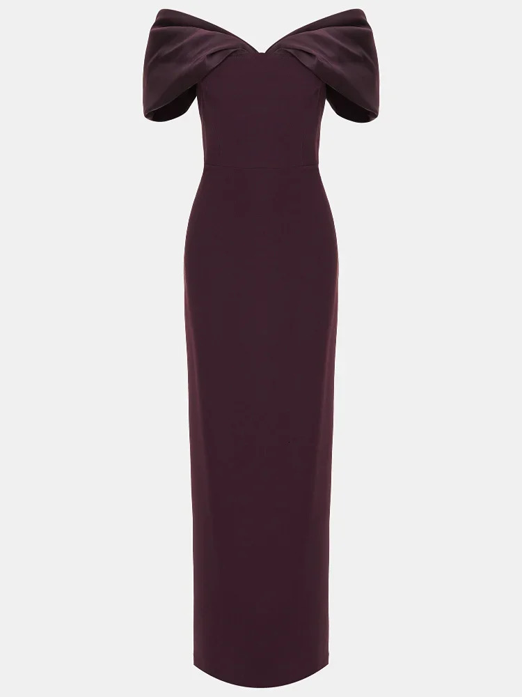 Womens Elegan Burgundy Satin Patch Maxi Dress Sexy Shoulderless Slimming Evening Party Vestidos 250409