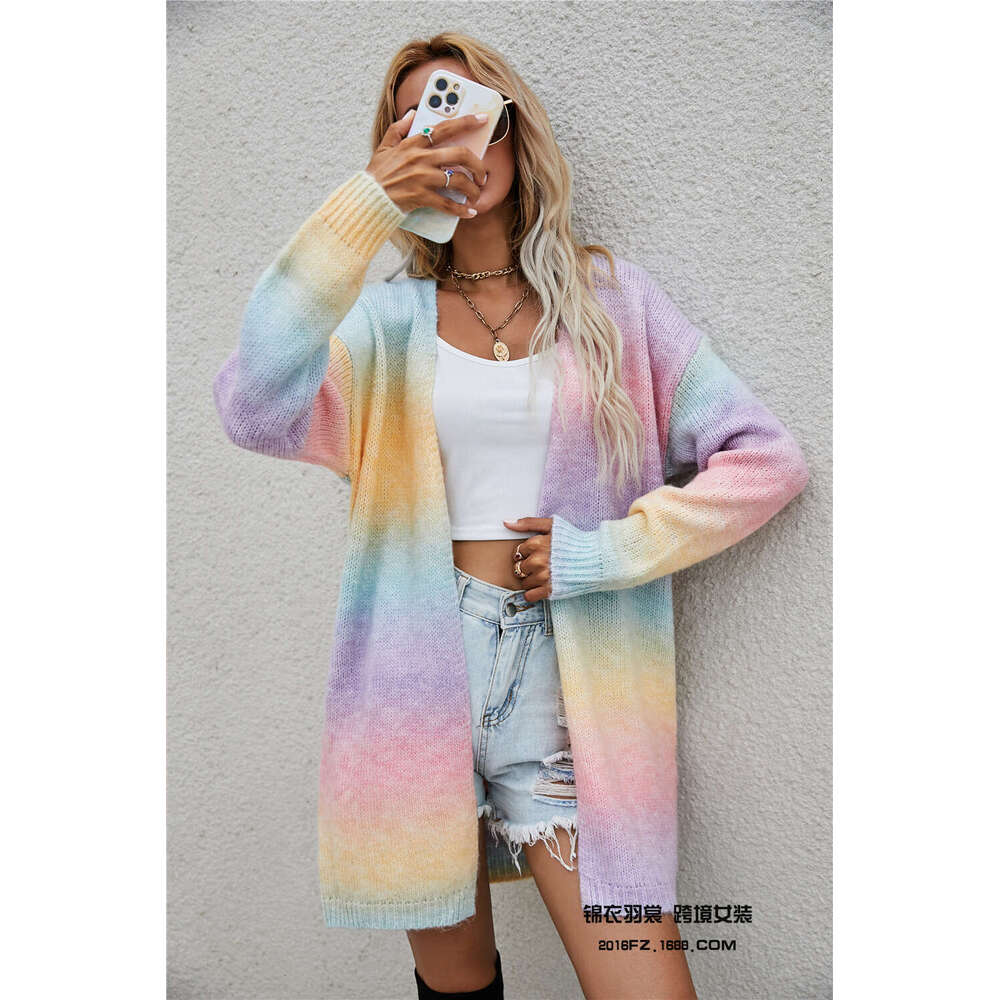 2025 Rainbow Tie-Dye Mid-Length Loose Cardigan women's knitwear Knitted Sweater Coat