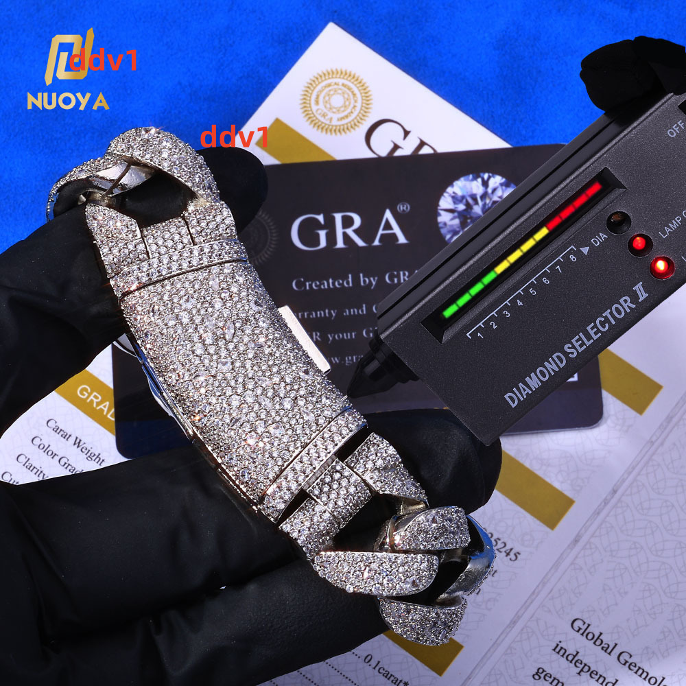 NUOYA 22mm Cuban Chain 925 Silver VVS Moissanite Bracelet Iced Curved Buckle Mens Hip Hop Jewelry