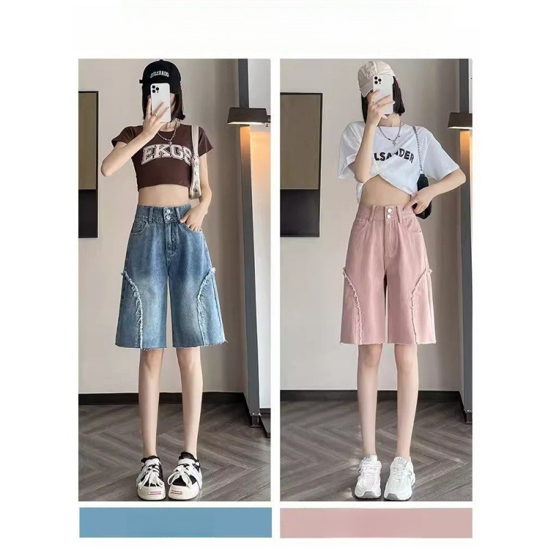 2025S Women S Designer Shorts Women S Summer New High Waist Slim And Loose Wide Legged Middle Pants With Half Fleece Edge Pink Jeans Hot Pants Beach P