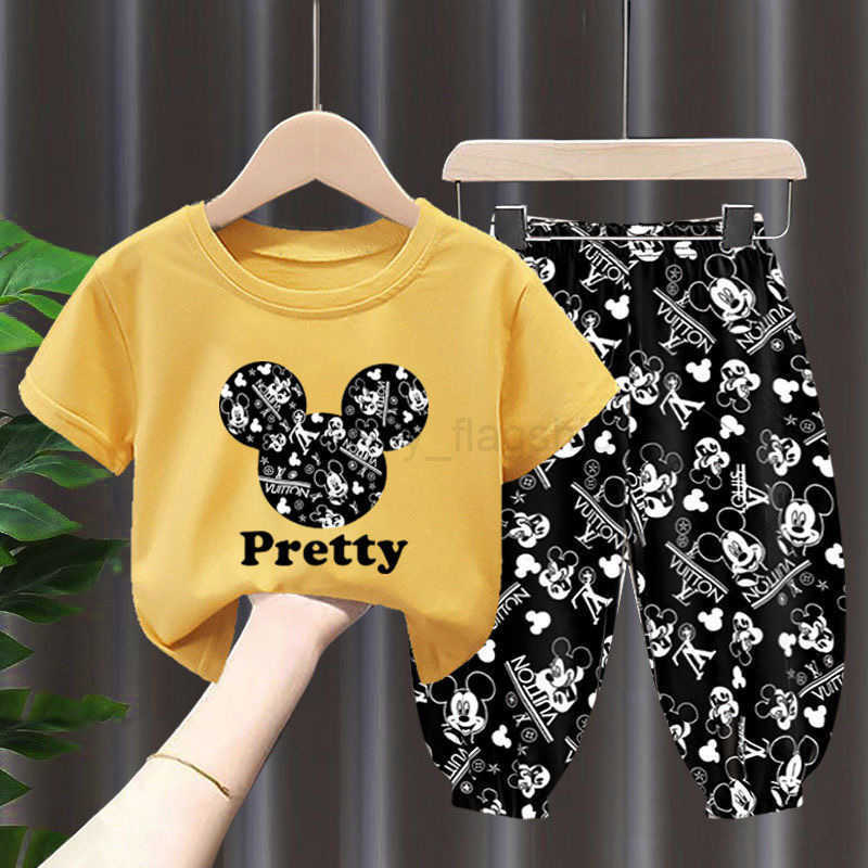 Disney Childrens Summer Boys Set Korean Edition 2022 New Style Girls Elegant Short sleeved T-shirt Two piece Set for Children and BabyXJ250409