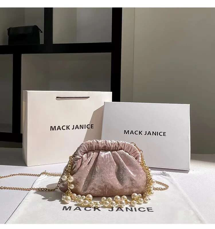 Autumn Winter Quality Veet Pearl Beading Chain Handbag Women Evening Wedding Party Clutch Purse Shoulder Crossbody Bag