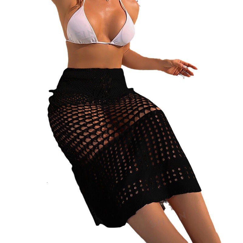 2025 New Solid Color Strap Short Top with Split Texture Half body Long Skirt Sunscreen Beach Skirt Set