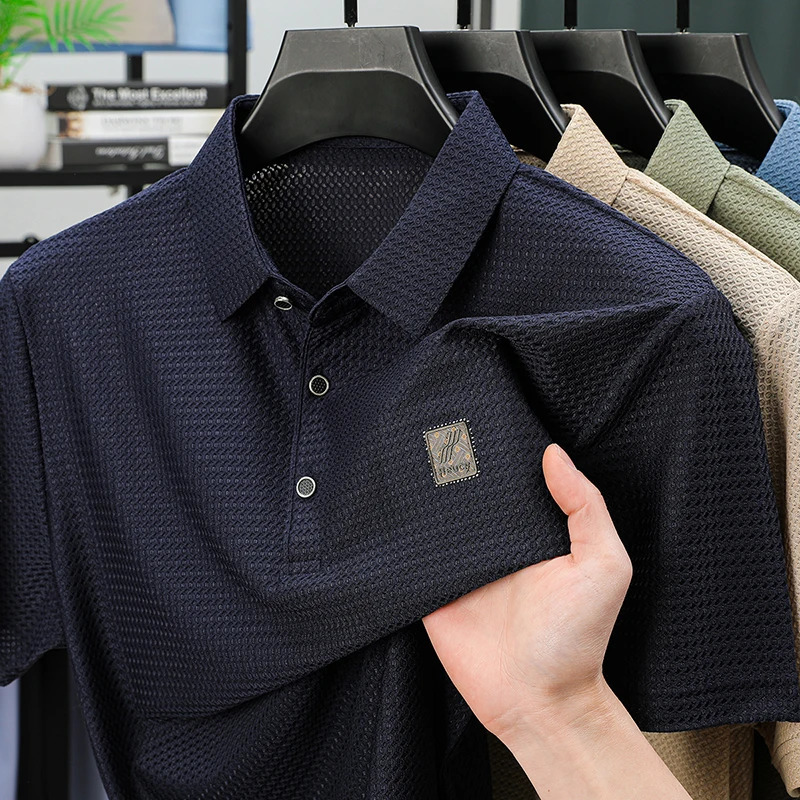 High End Summer Mens Ice Silk Polo Shirt Selling Fashion Leisure Plaid Print Non Ironing Mens Short Sleeved Top 250407