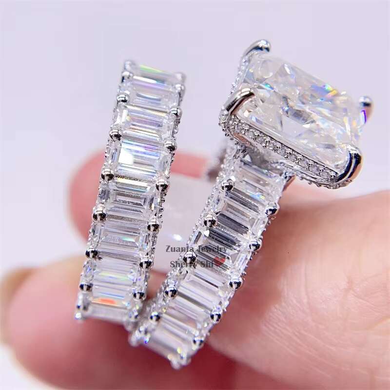 Women Wedding Jewelry 925 Silver White Gold Baguette Cut Ring Band Engagement Ring Set