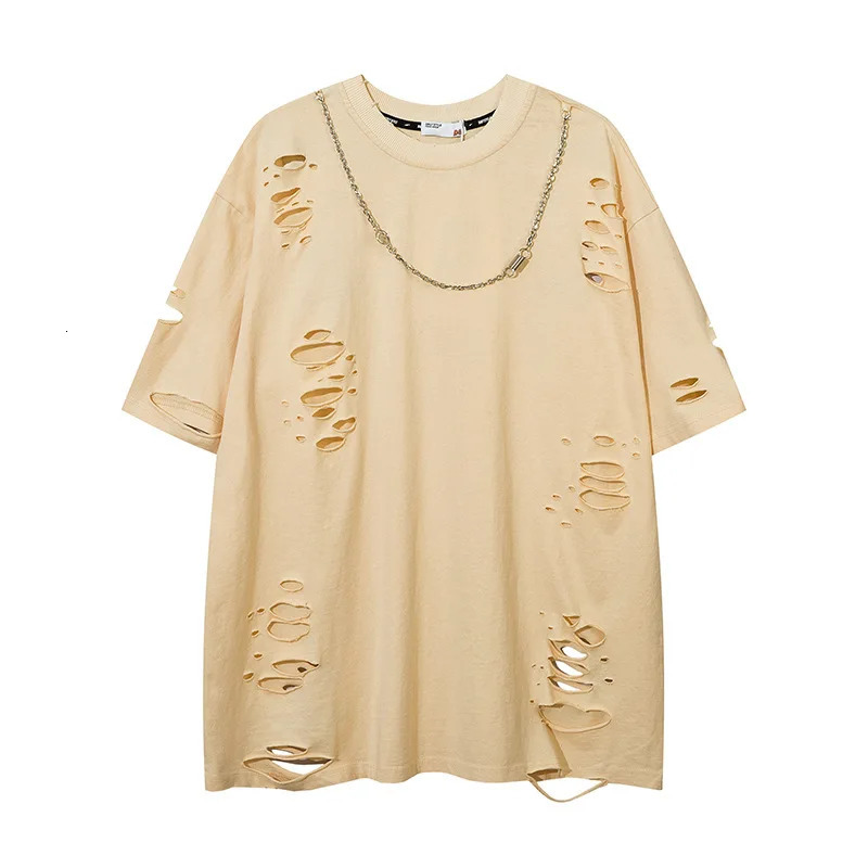 Mens cracked hole T-shirt street clothing short sleeved T-shirt mens hip-hop retro cracked cut T-shirt oversized top 250408
