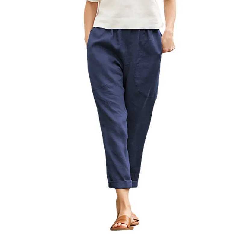 Womens elastic waist pocket pure cotton linen harem pants autumn spring Fe straight three person oversized S-5XL JYFS-HS1023XJ250403