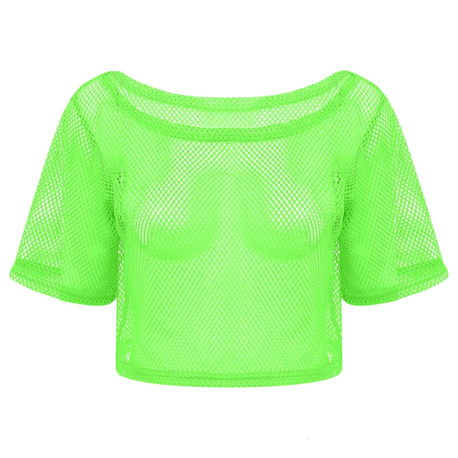 Women 80s Disco Neon Fishnet T-shirt Tops Short Sleeve Hollow Out Mesh Crop Top Sexy Punk Camisole Cover-up Rave Party Clubwear
