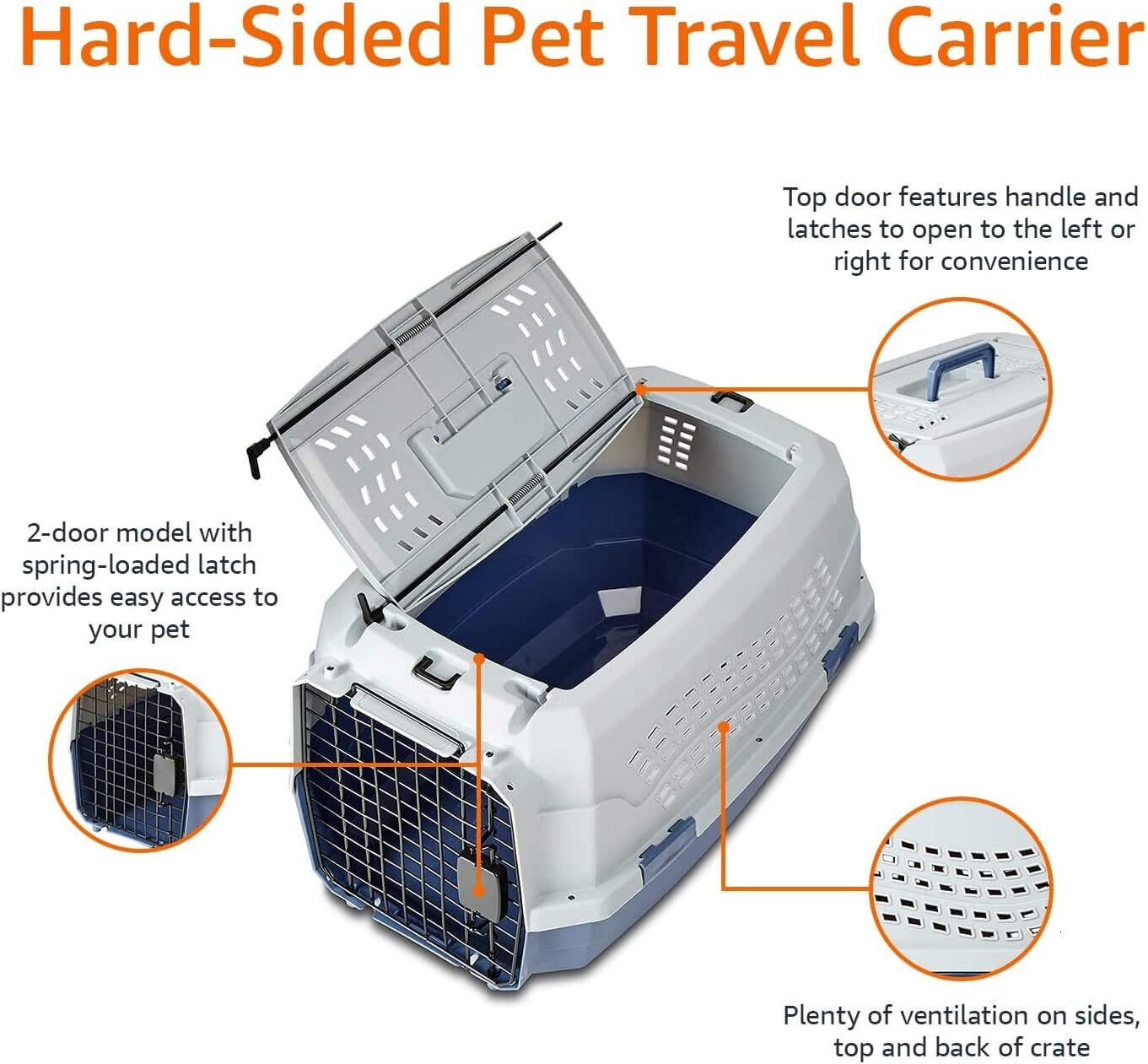 amazon basics double door top mounted hard edged dog cat pet travel harness gray and blue 22 8 inches long x 15 0 inches wide x 13 0 inches high