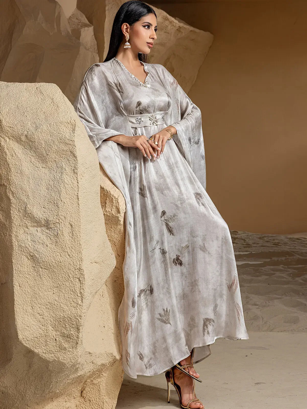 African Eid al Fitr Islamic Womens Round Neck Dress Abaya Kaftan Ethnic Style Ramadan Rhinestone Robe Djellaba 250409