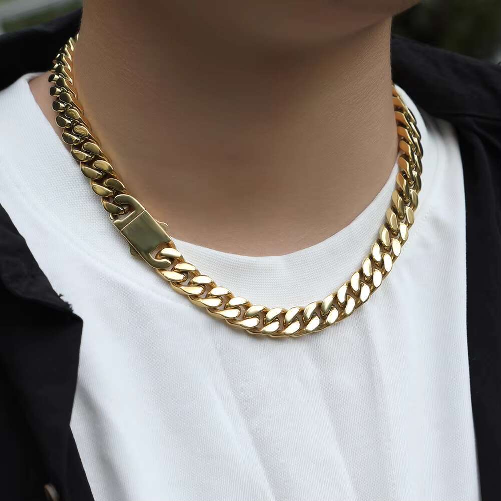 Simple 8mm 12mm Glossy square Miami Cuban Link Chain Bracelet No Tarnish Stainless Steel Spring Clasp Jewelry