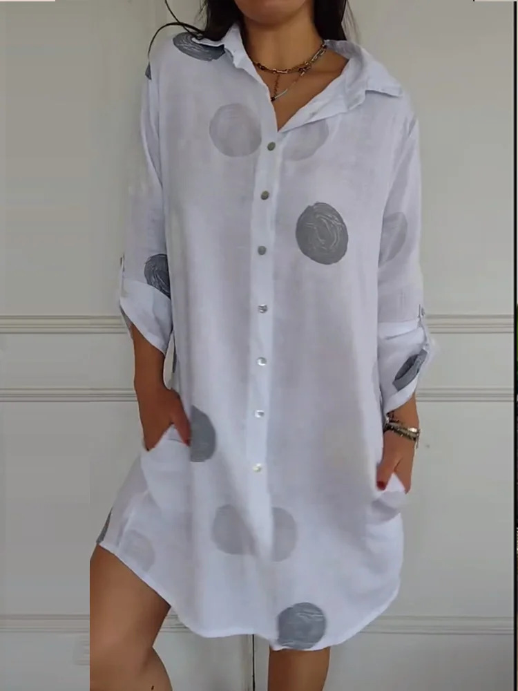 M45Versatile V-Neck Women's Button-Up Shirt Dress - Autumn Collection Printed Design