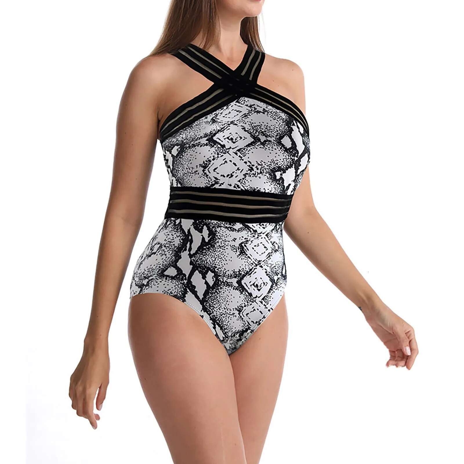 Dongdumaoyi Women Bodysuit Swimsuits Summer One Piece Swimwear For Lady High Neck Bandage Cross Back Padded Up Swimming Suit