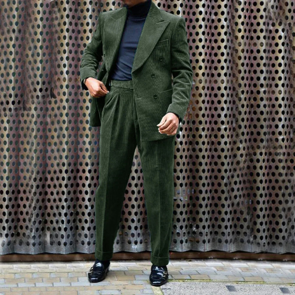 Mens Corduroy Suit Lapel 2 Piece Jacket Pants Double Breasted Party Casual Mens Wedding Outfit Full Suit 250408