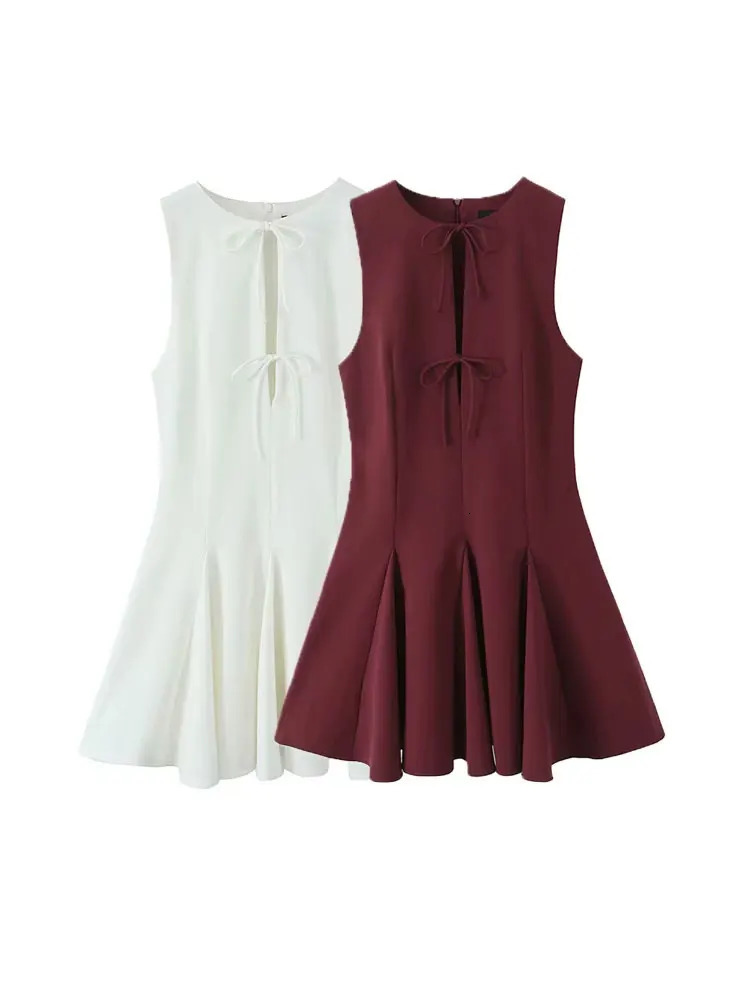 TRZA Womens Sleeveless Oneck Mini Dress Bow Godet Hem Back Zipper Fashionable Female Vestidos Mujer 250409