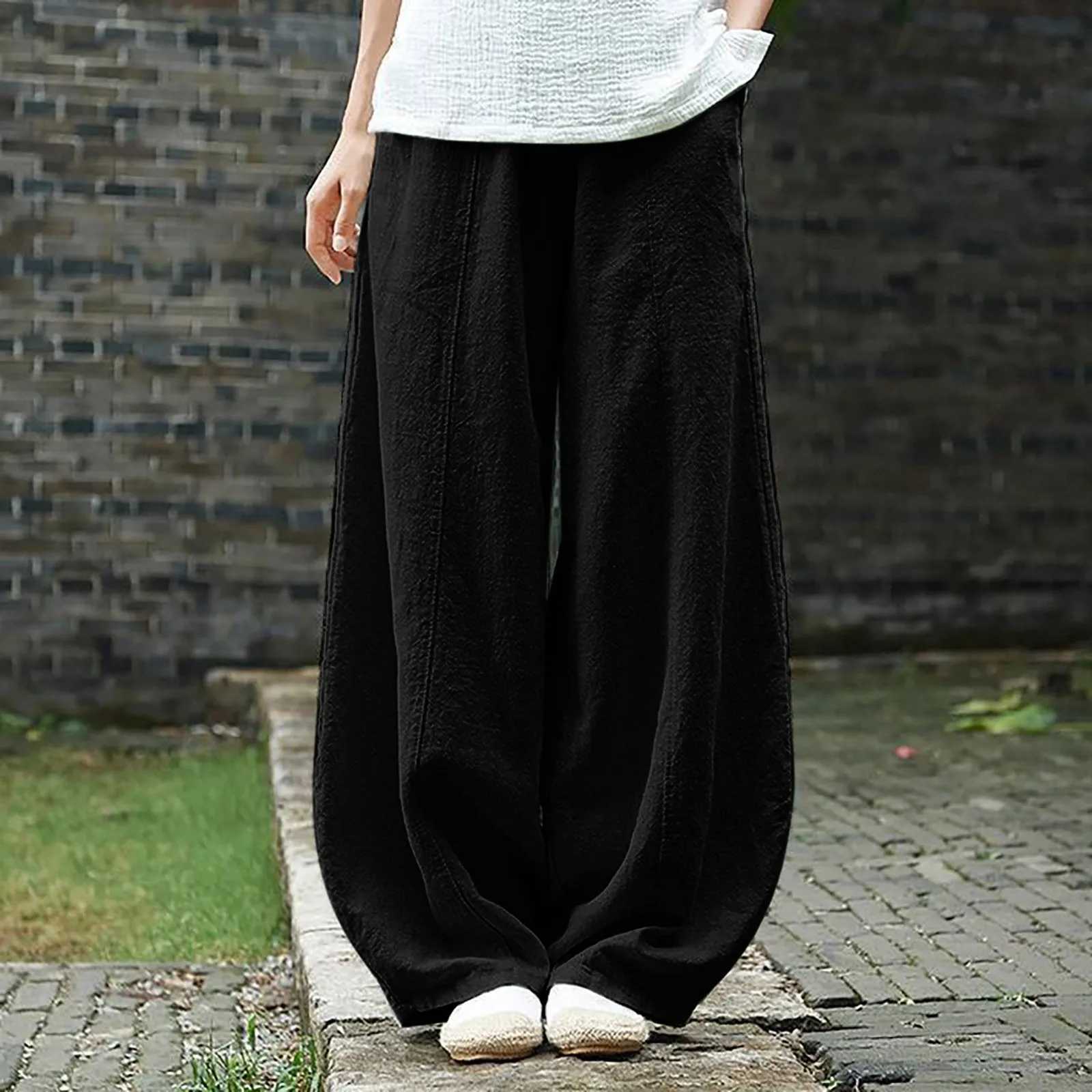Linen pocket elastic breathable Trouser wide leg Trouser 2023 loose cotton waist pants womens pantsXJ250403