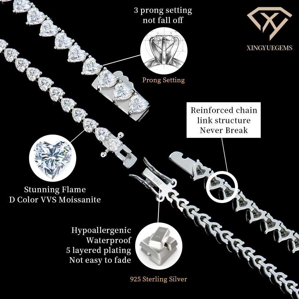 Moissanite Heart Tennis Bracelet 925 Sterling Silver Brilliant Gift for Women D Color VVS Clarity Pass Diamond Test Fine Jewelry