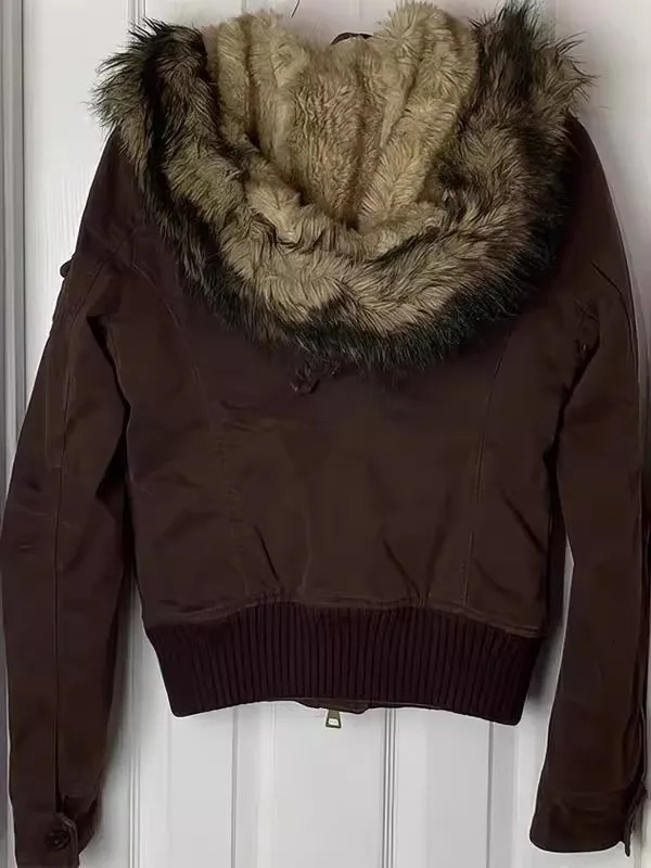 Gothic Fashion American Vintage Y2K Fur Lined Warm Jacket Womens Brown Zipper Hooded Coat Autumn and Winter Warm Casual Coats 251106 - view 3
