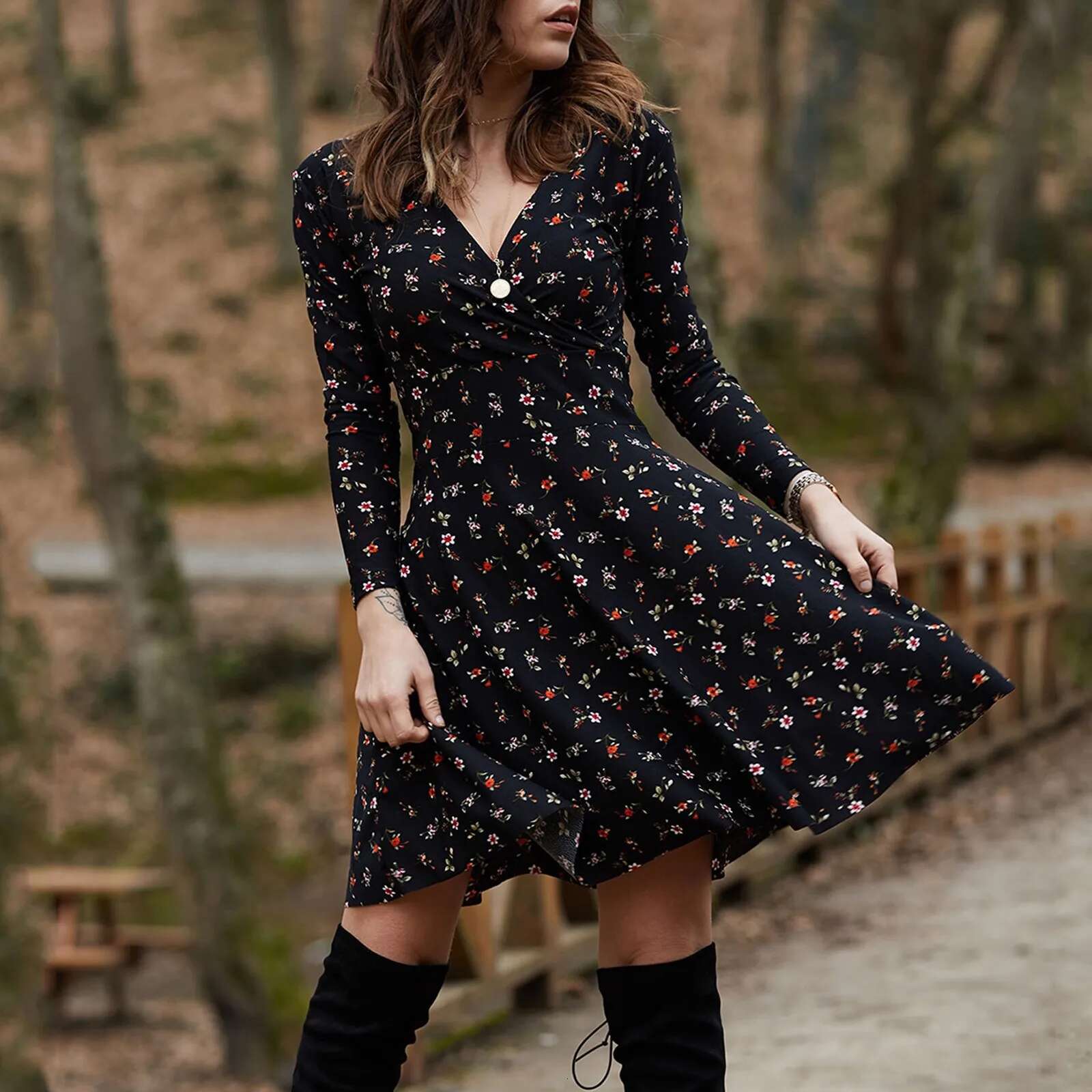 Dongdumaoyi Elegant Vintage Floral Print Swing Midi Dress Women Retro High Waist Draped Long Sleeve Female Party Dating Vestidos